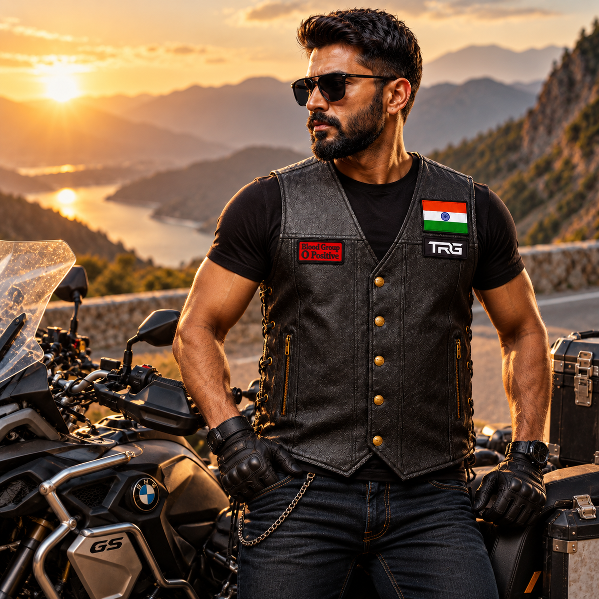 O Positive Blood Group Patch worn on black biker vest by motorcycle rider on mountain road