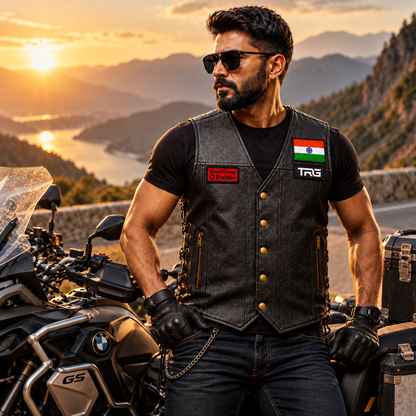 O Positive Blood Group Patch worn on black biker vest by motorcycle rider on mountain road