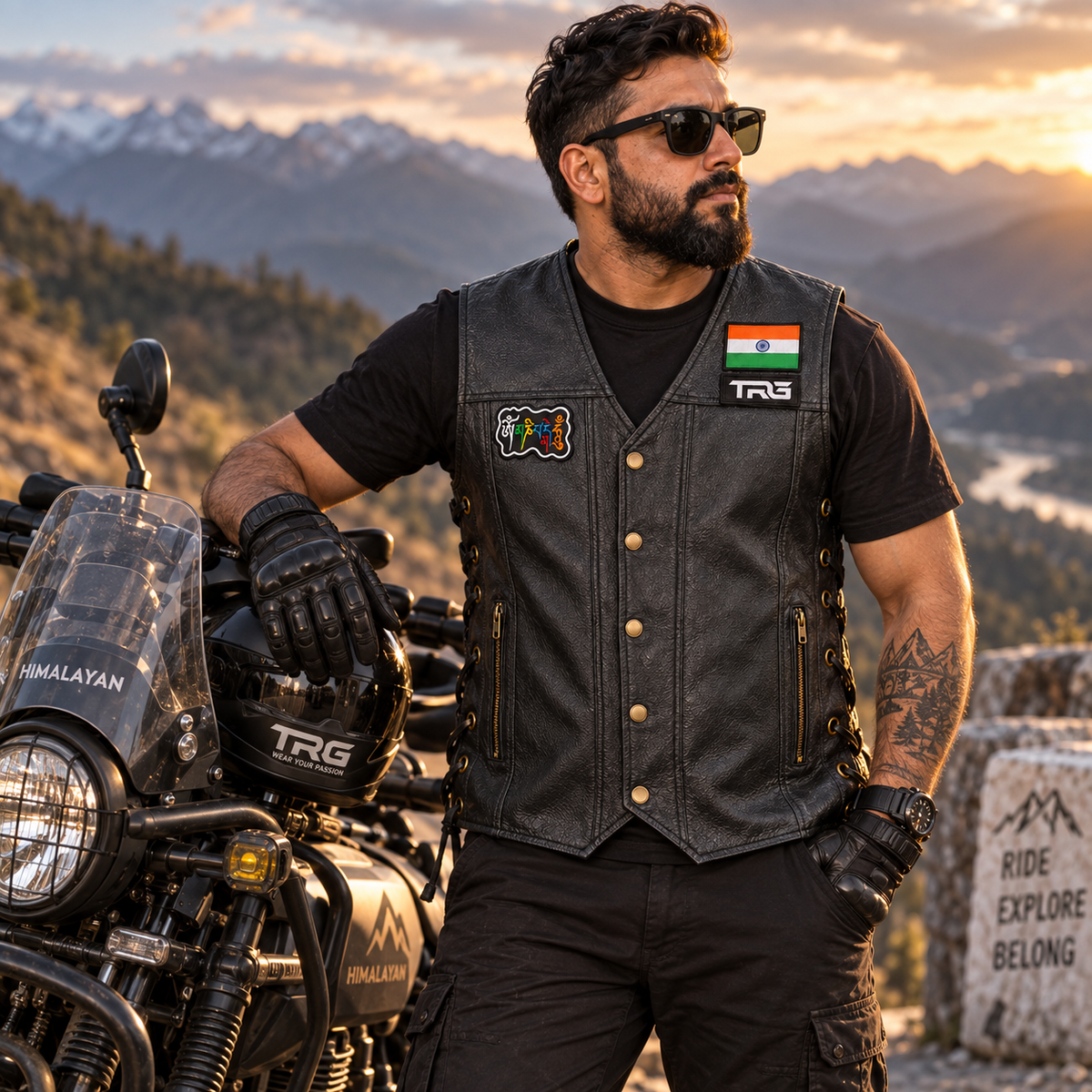 Om Mani Padme Hum Biker Patch worn by motorcycle rider on black leather vest beside adventure motorcycle