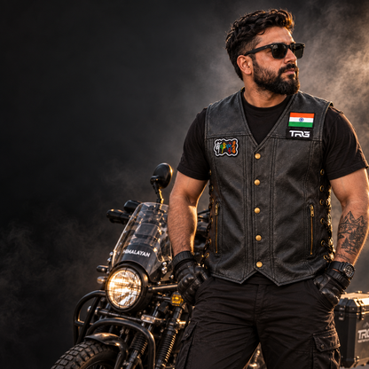 Om Mani Padme Hum Biker Patch worn on black motorcycle vest by biker with adventure motorcycle