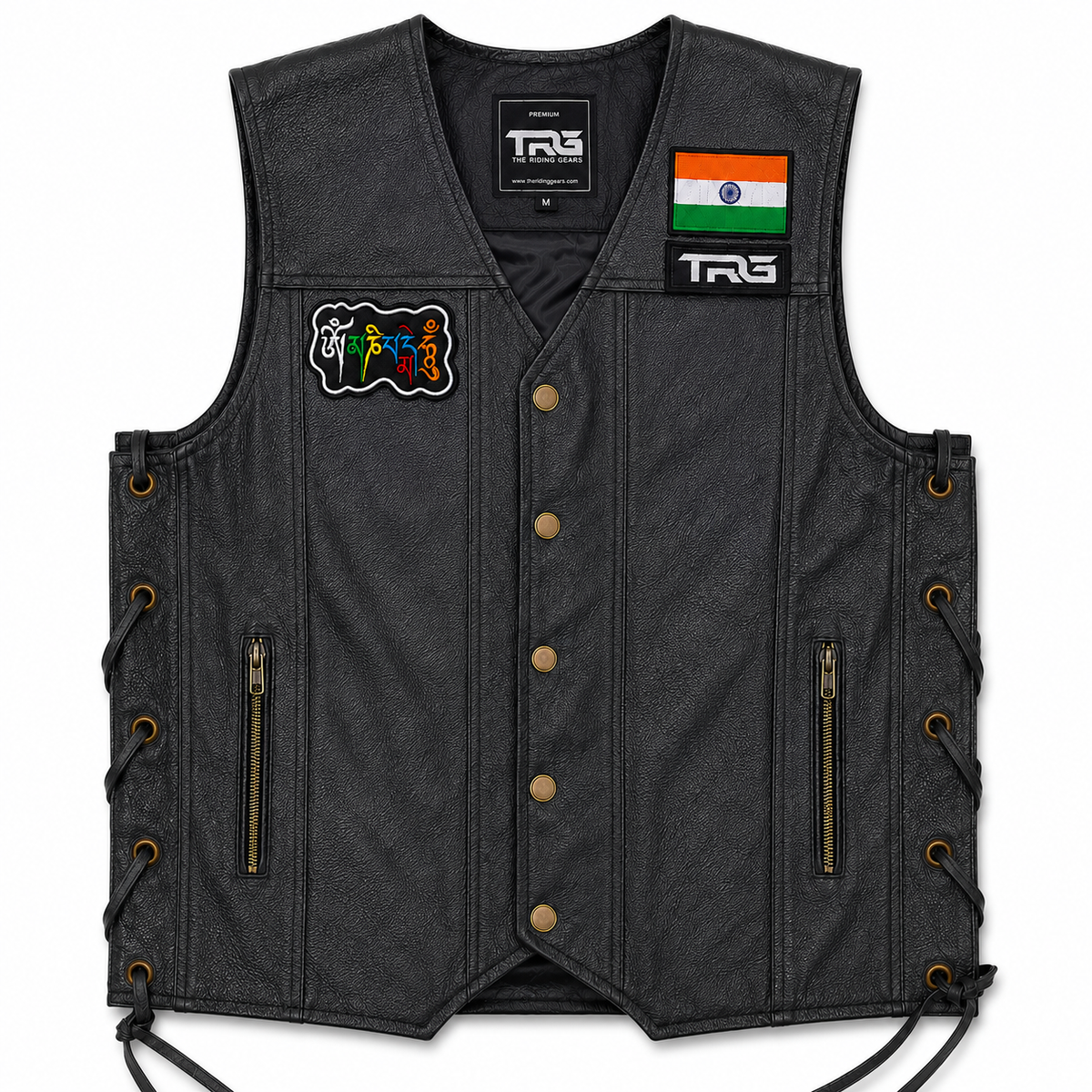 Om Mani Padme Hum Biker Patch displayed on black motorcycle leather vest on white background