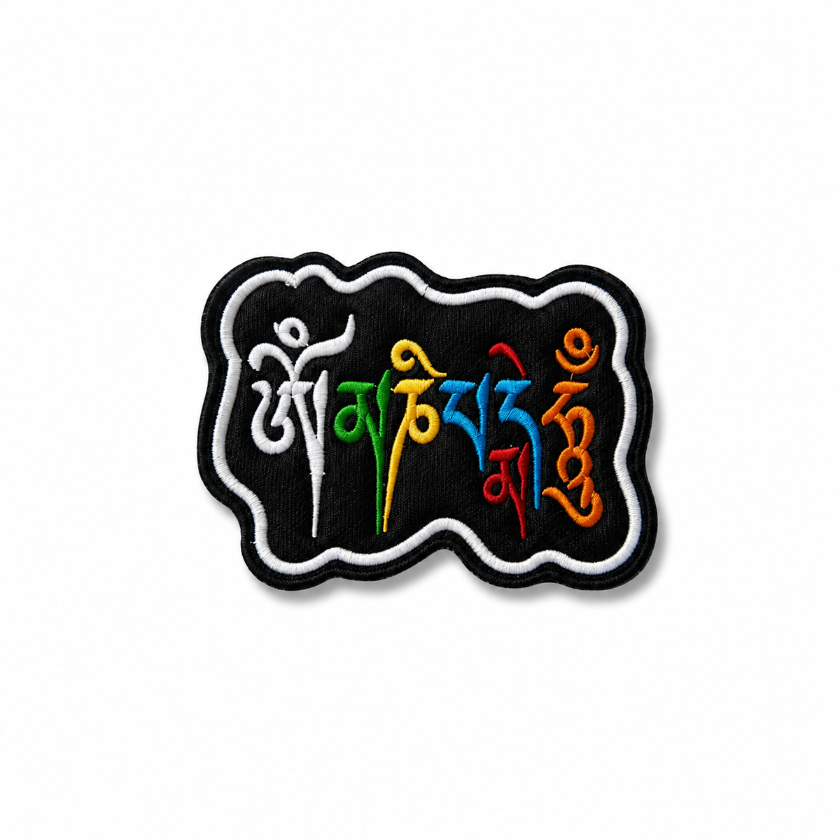 Om Mani Padme Hum Biker Patch with multicolor Tibetan mantra embroidery on white background