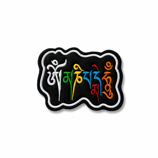 Om Mani Padme Hum Biker Patch with multicolor Tibetan mantra embroidery on white background