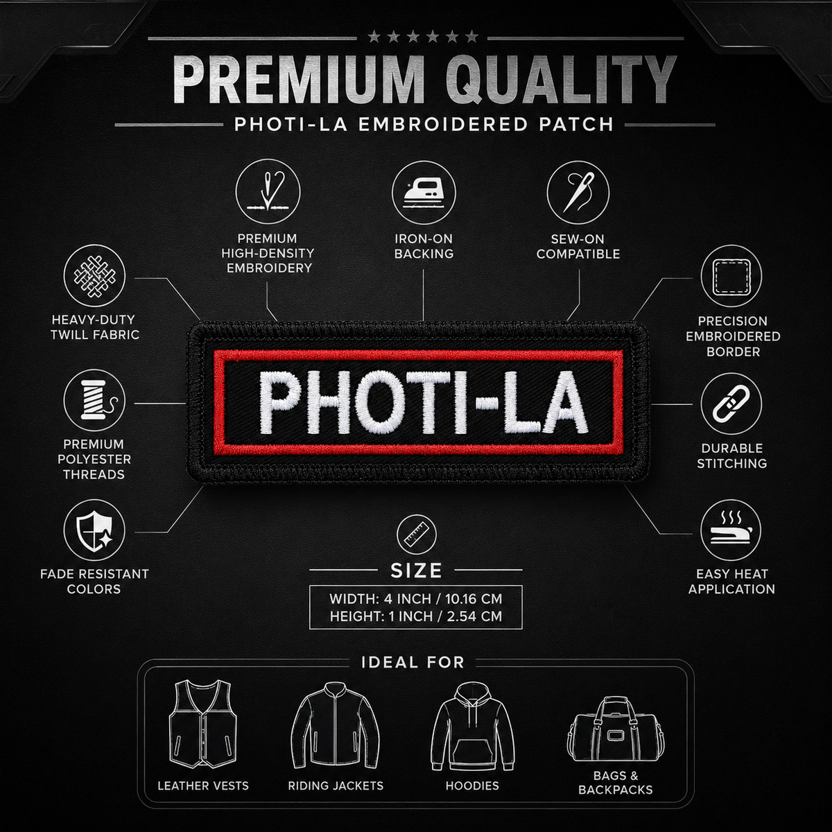 PHOTI-LA embroidered patch features infographic showing high-density embroidery, iron-on backing, sew-on compatibility and 4 x 1 inch size.
