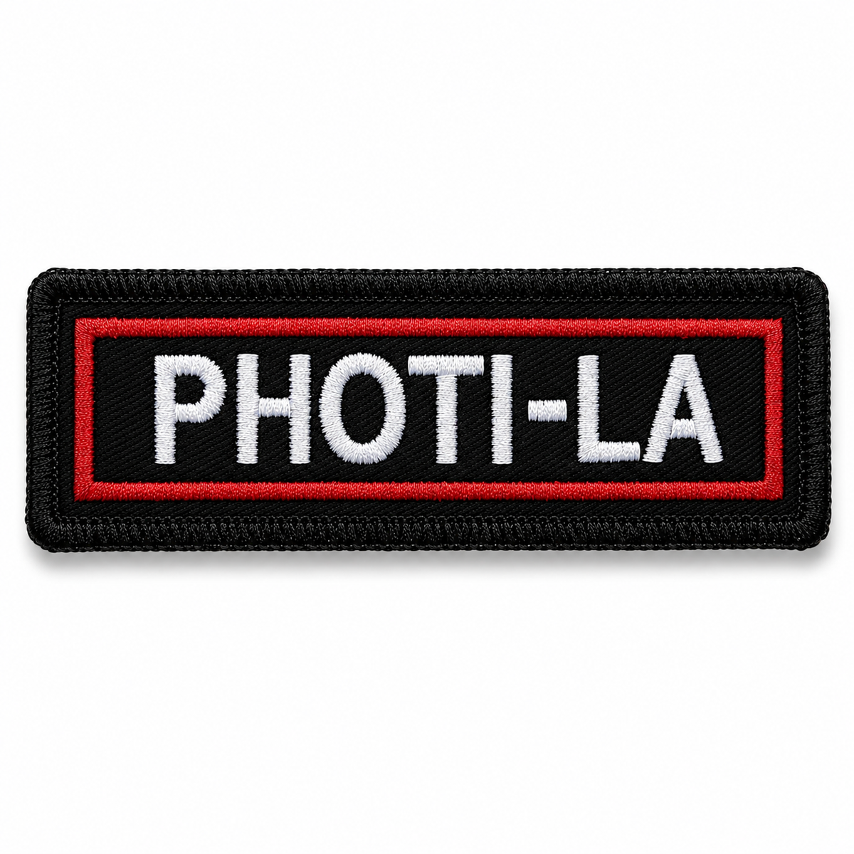 PHOTI-LA embroidered patch with white lettering, black twill base, red embroidered border and black outer edge on white background.