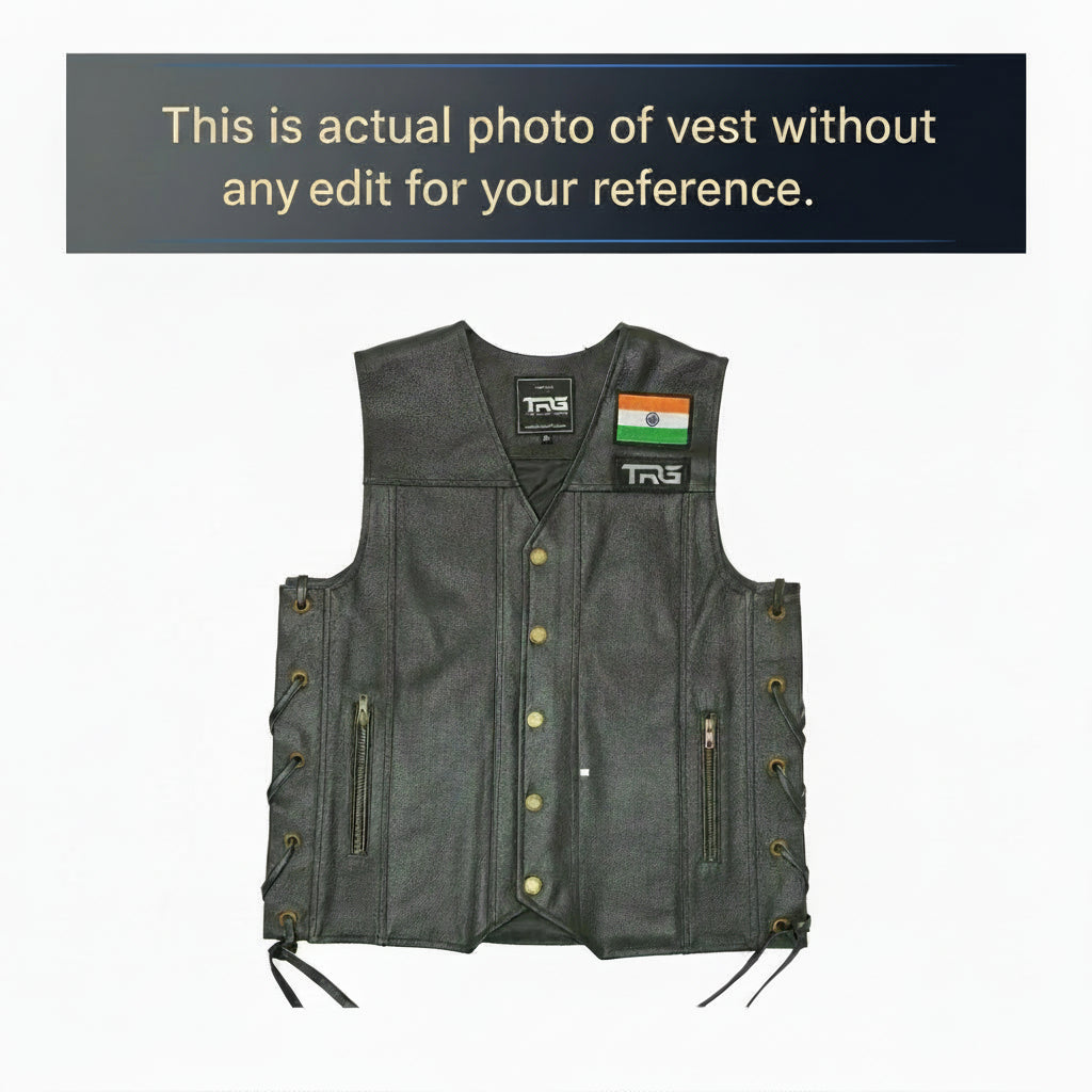 Black leather vest with visible branding on a white background
