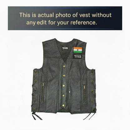 Black leather vest with visible branding on a white background