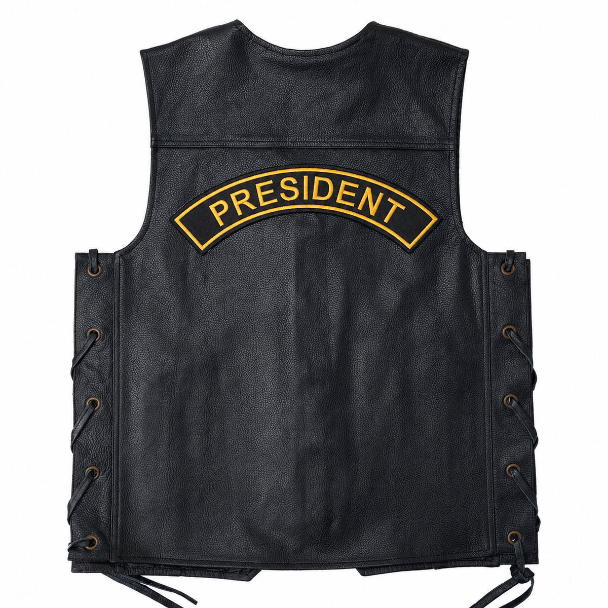 President Back Designation Patch embroidered on back of black leather biker vest by TRG Gears