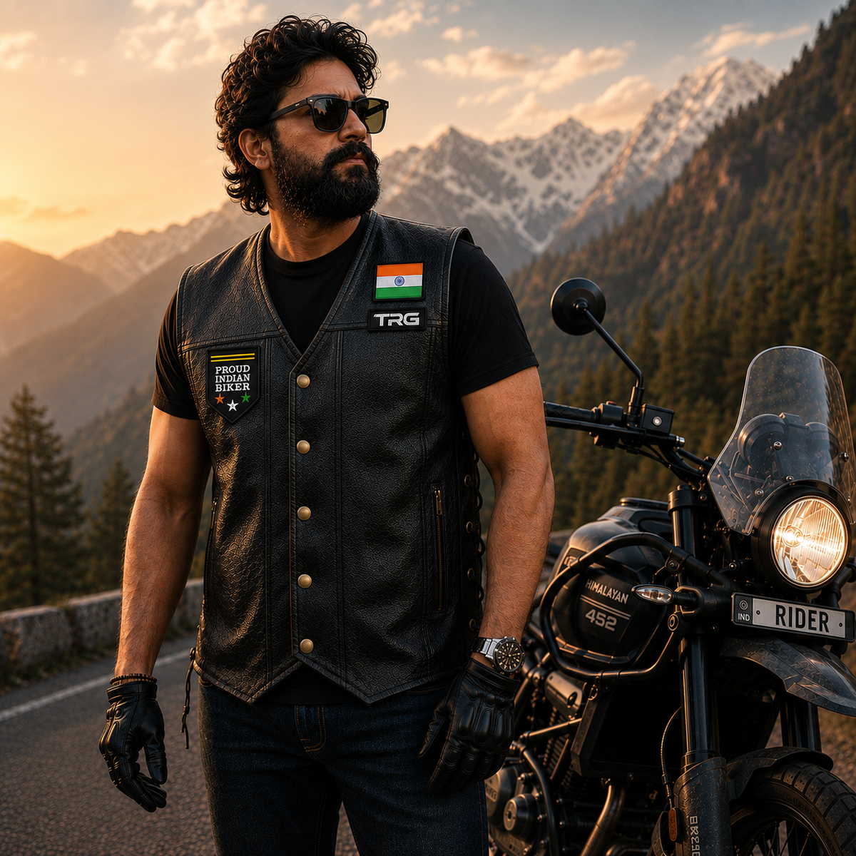 Proud Indian Biker Patch worn by motorcycle rider on black leather vest beside adventure motorcycle