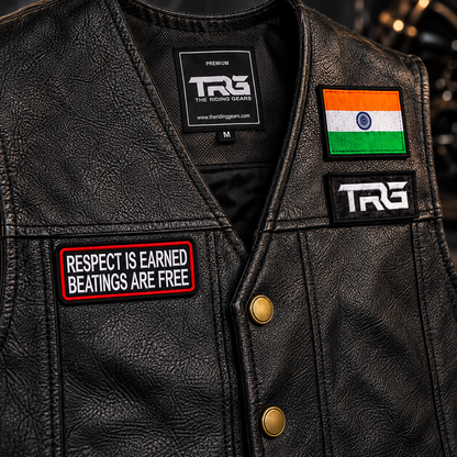 Respect Is Earned Beatings Are Free close-up showing detailed embroidery on black leather riding vest.