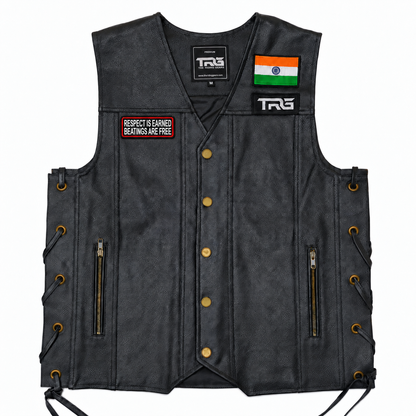Respect Is Earned Beatings Are Free patch fitted on black leather motorcycle vest with Indian flag and TRG patches.