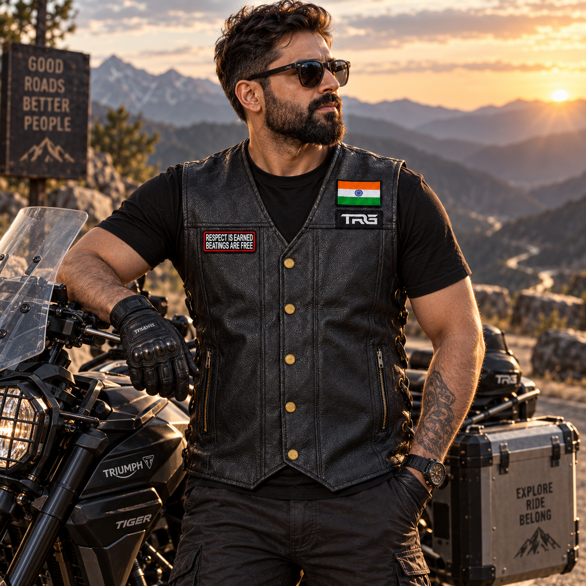 Respect Is Earned Beatings Are Free embroidered patch on biker vest during premium mountain motorcycle ride.