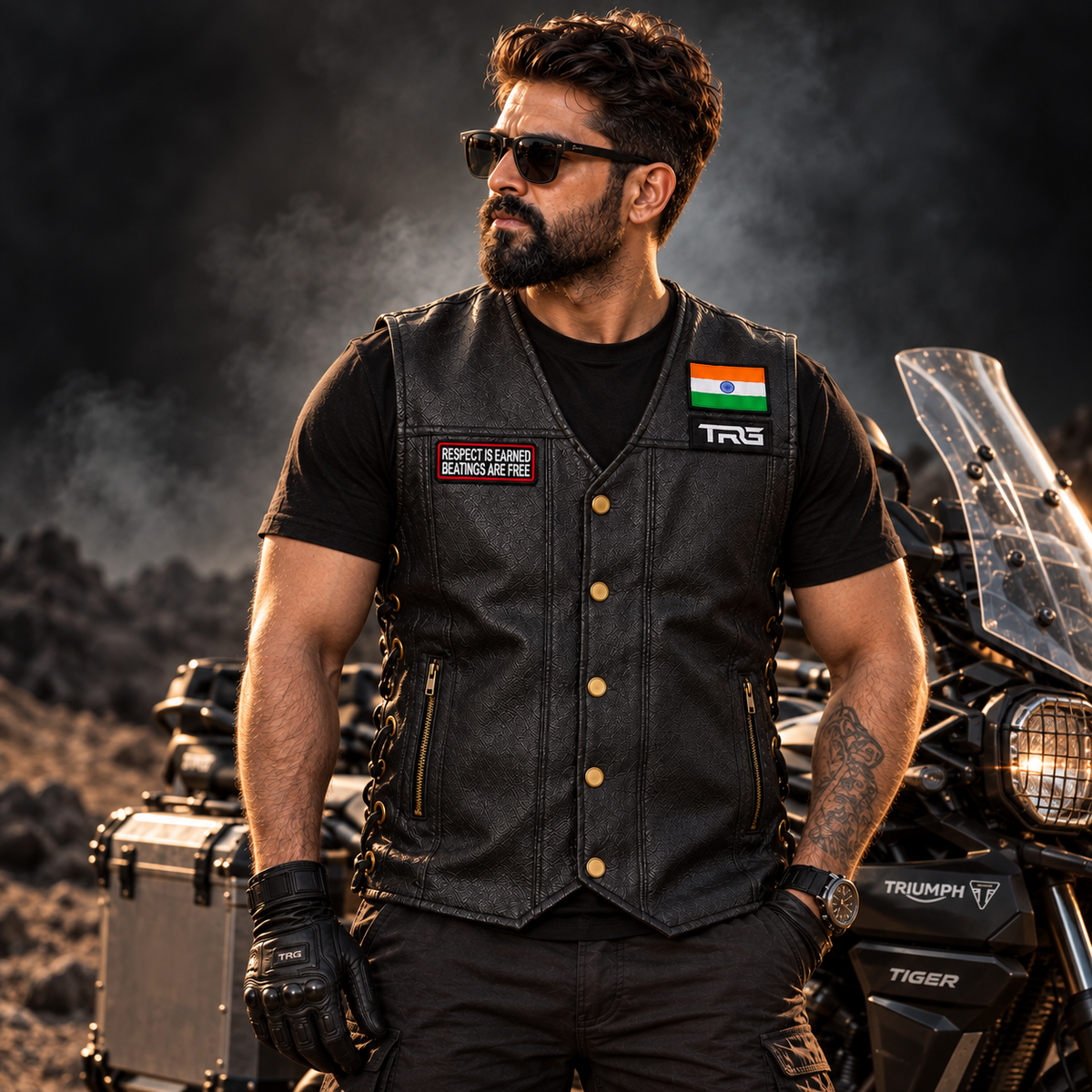 Respect Is Earned Beatings Are Free embroidered patch worn on black motorcycle riding vest by biker.