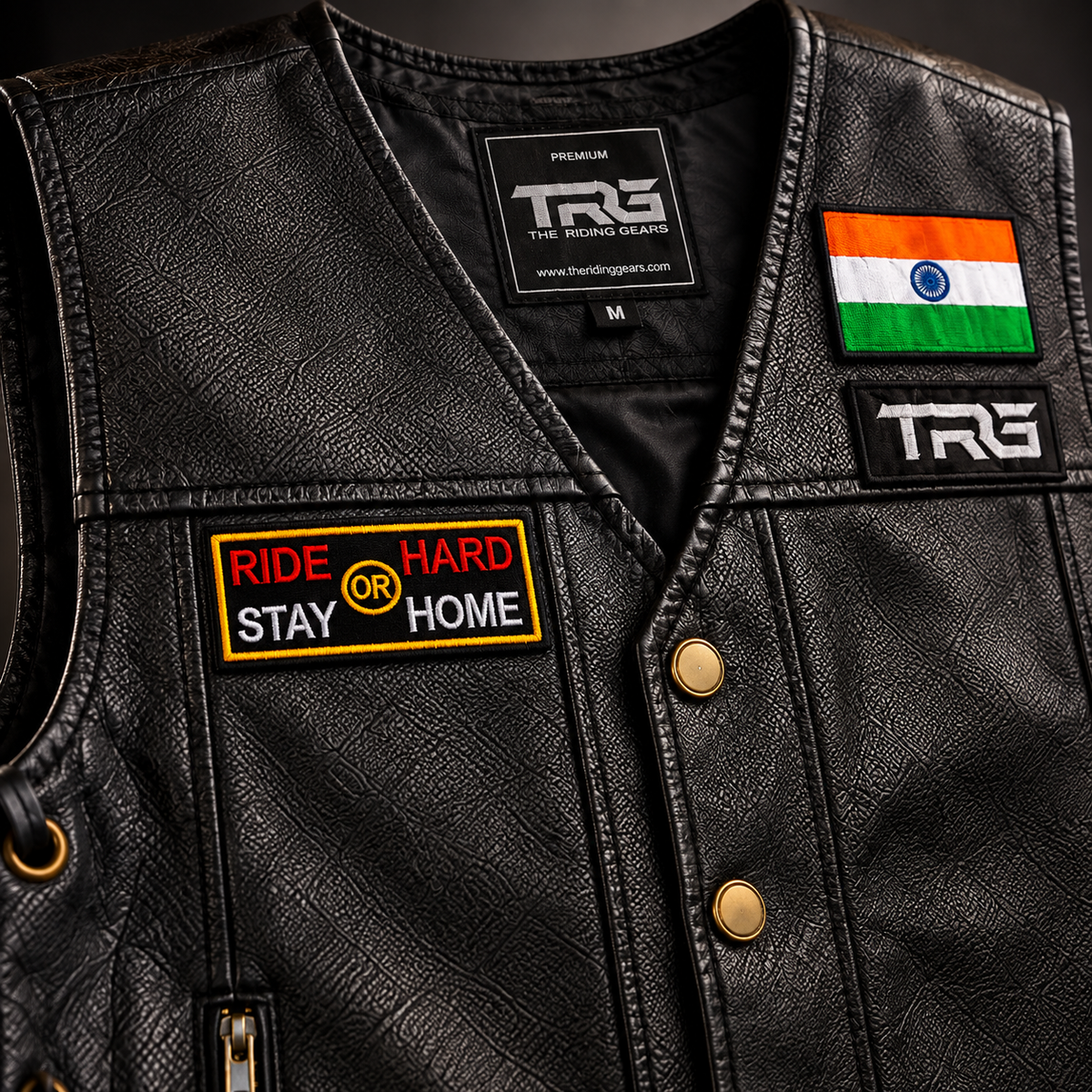 Ride Hard or Stay Home Biker Patch close-up showing detailed embroidery on black riding vest