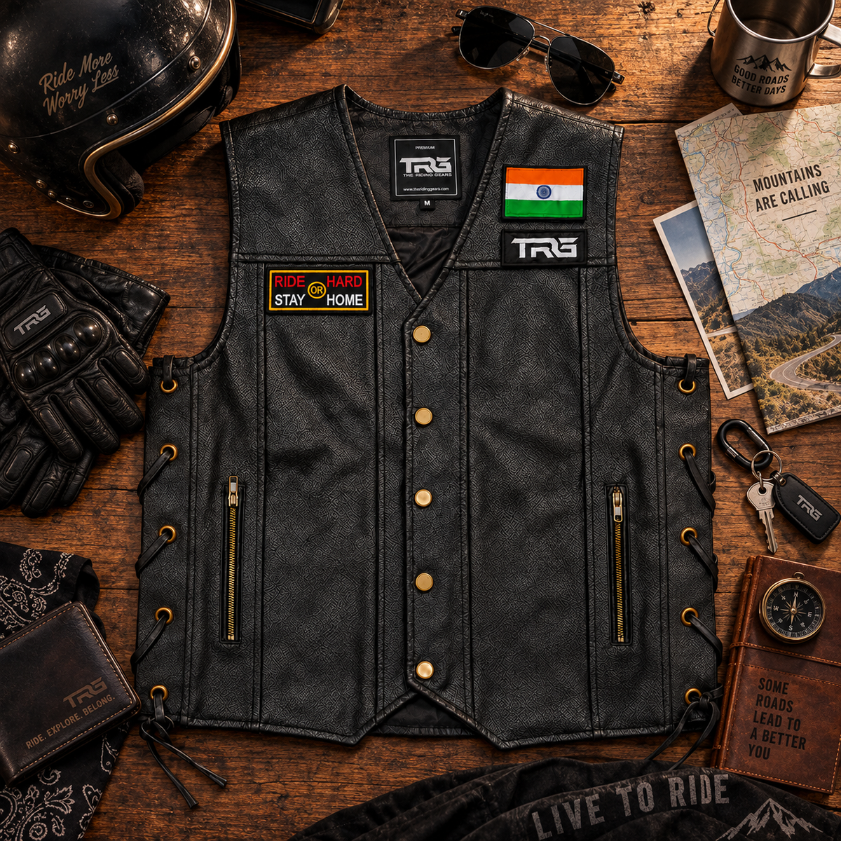 Ride Hard or Stay Home Biker Patch displayed on black biker vest with motorcycle accessoriesRide Hard or Stay Home Biker Patch displayed on black biker vest with motorcycle accessories