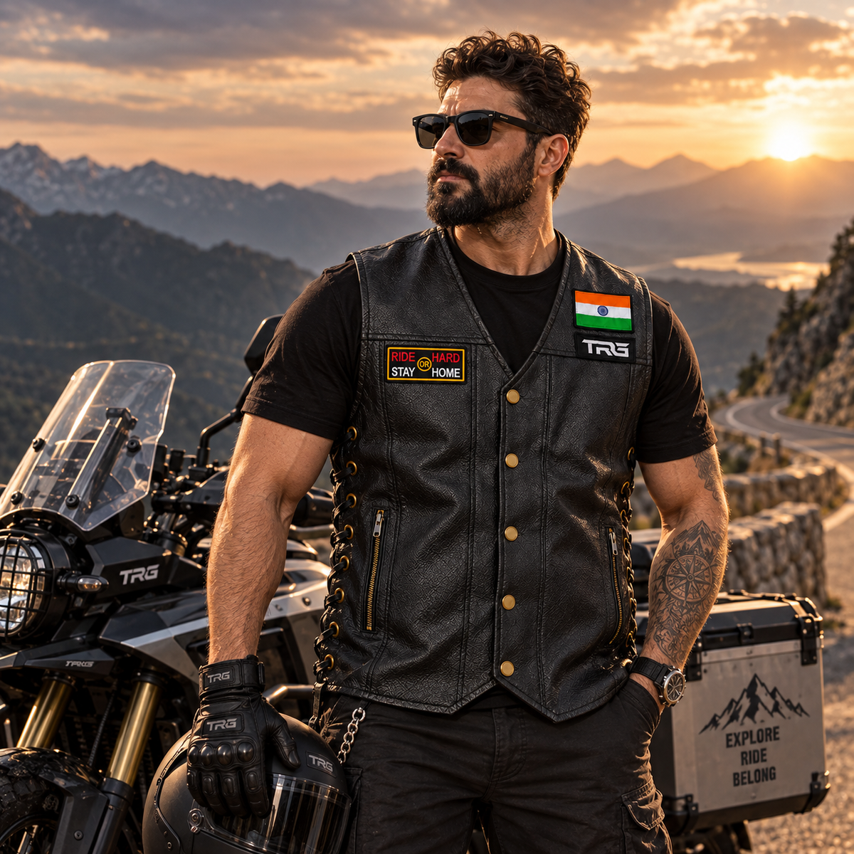 Ride Hard or Stay Home Biker Patch worn by motorcycle rider on black riding vest