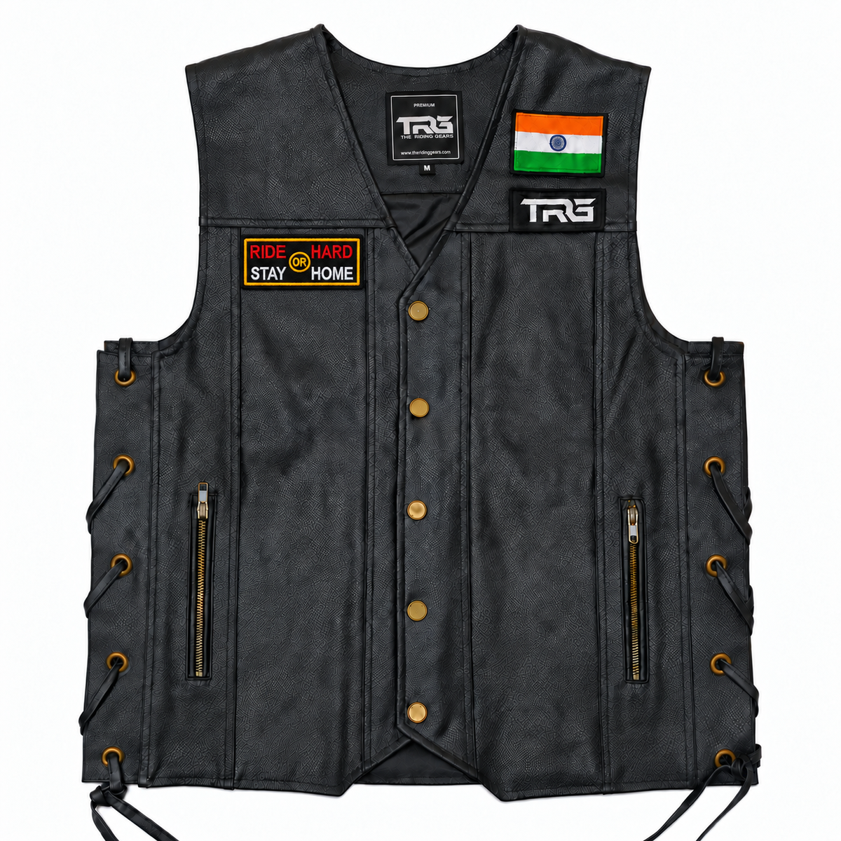 Ride Hard or Stay Home Biker Patch displayed on black motorcycle riding vest on white background