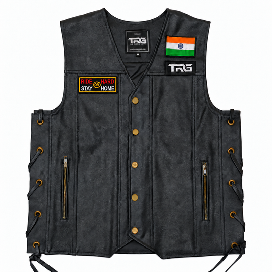 Ride Hard or Stay Home Biker Patch displayed on black motorcycle riding vest on white background