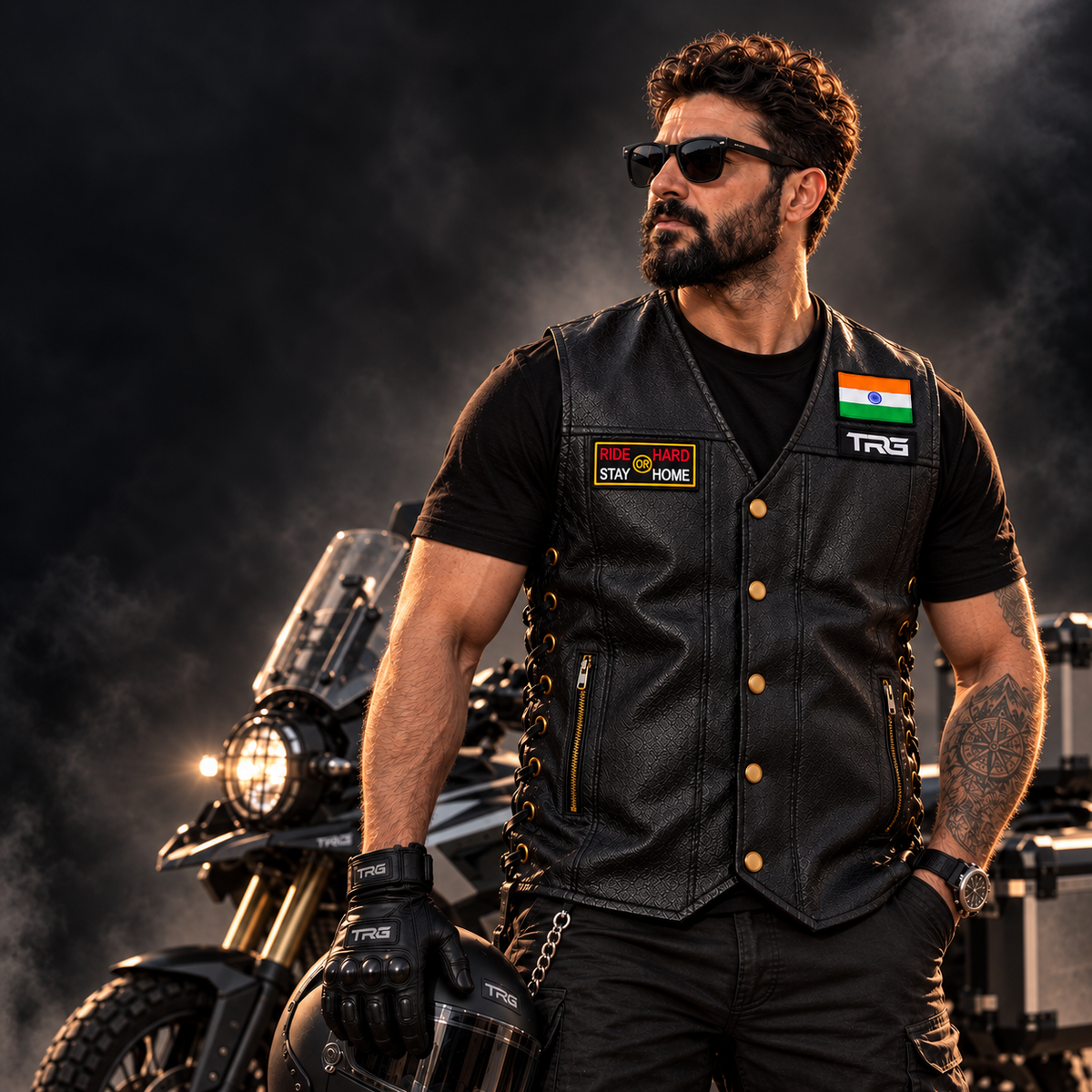 Ride Hard or Stay Home Biker Patch worn on black motorcycle vest by biker in studio setting