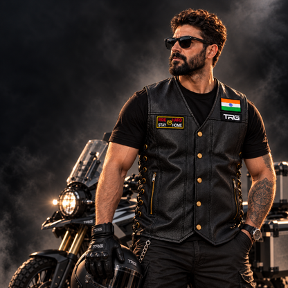 Ride Hard or Stay Home Biker Patch worn on black motorcycle vest by biker in studio setting