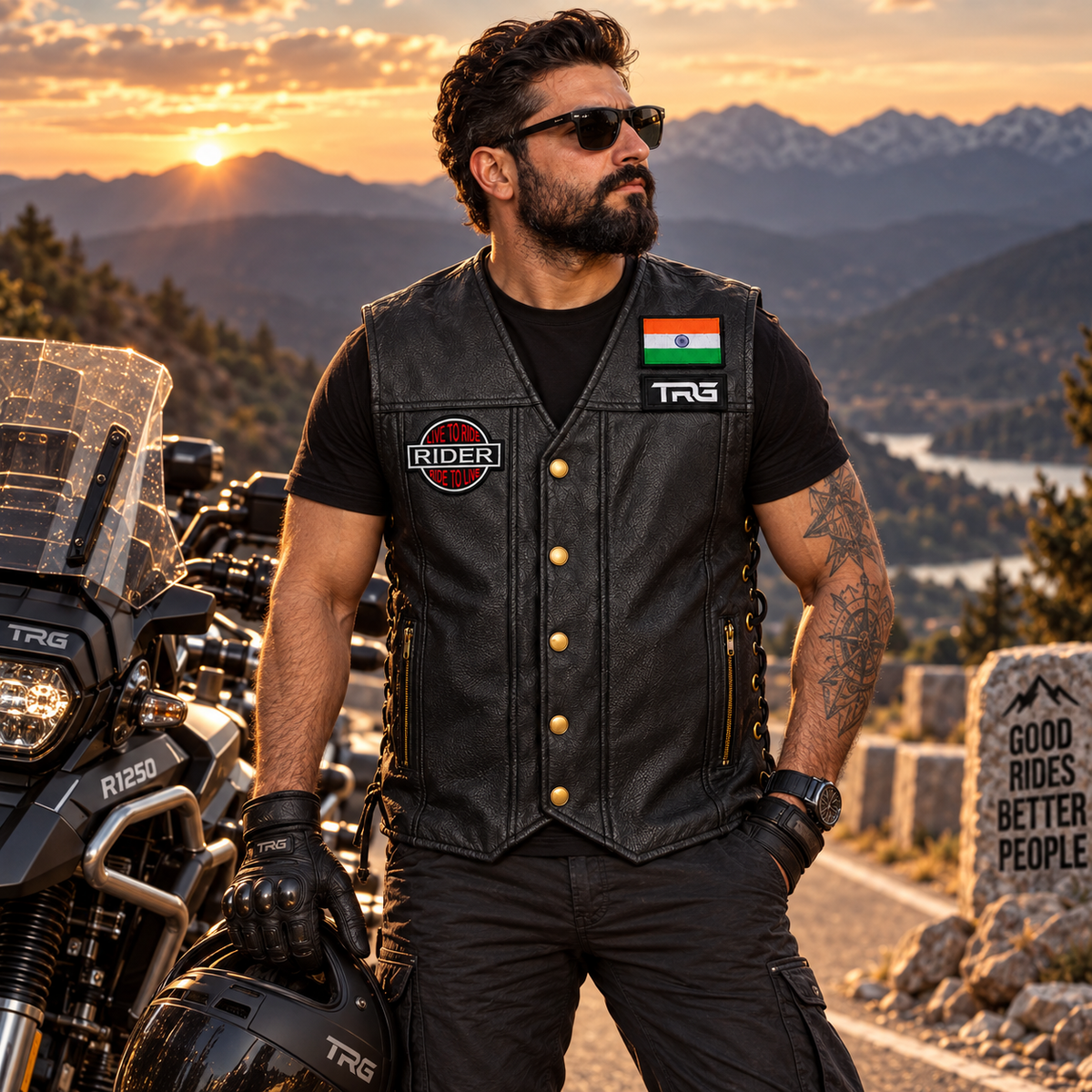 Rider Live to Ride Patch worn on black motorcycle vest by rider beside adventure motorcycle