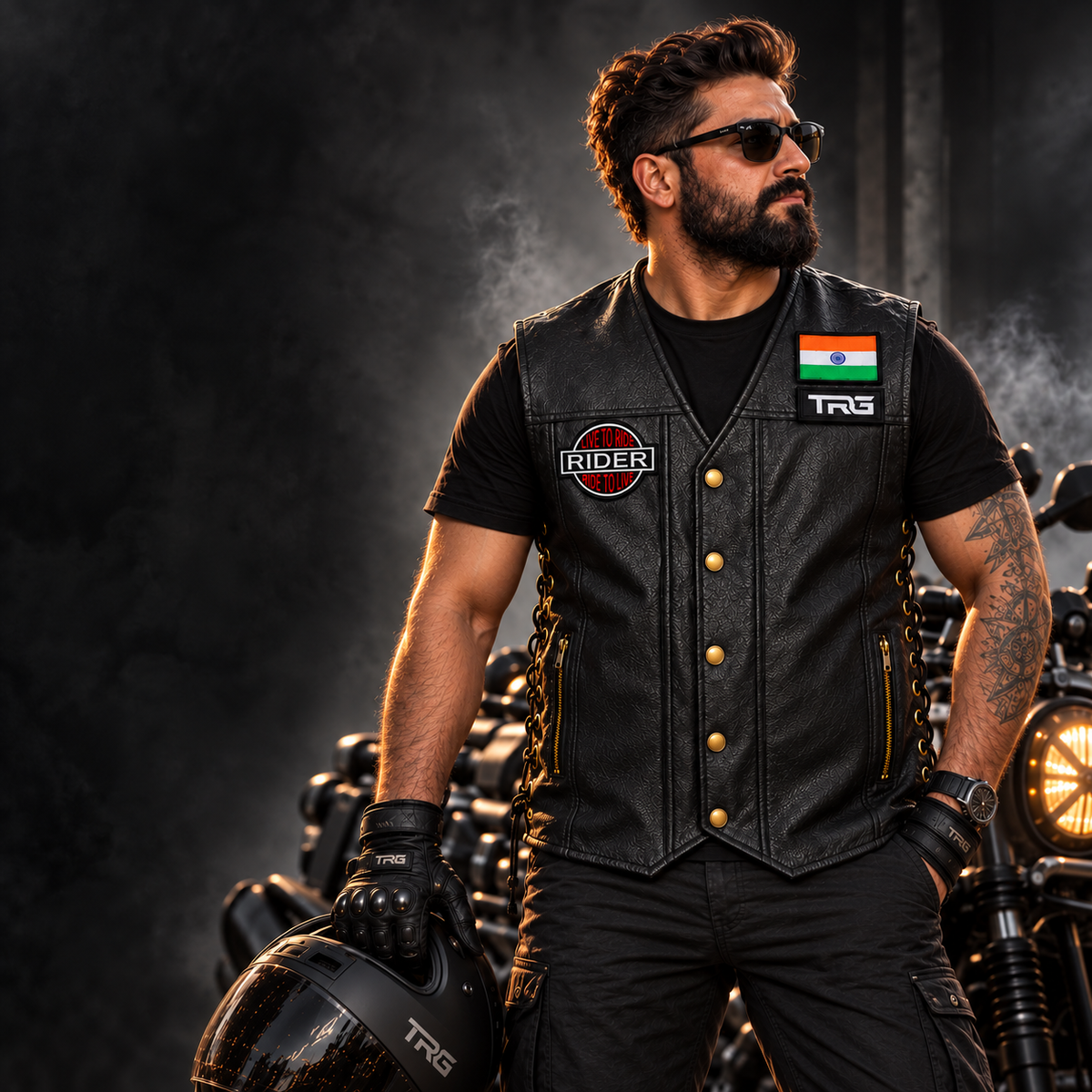 Rider Live to Ride Patch worn by biker on black leather motorcycle vest in dark studio