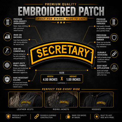 Secretary Biker Patch 4 x 1 inch infographic showing embroidery, twill fabric, backing, border and stitching features