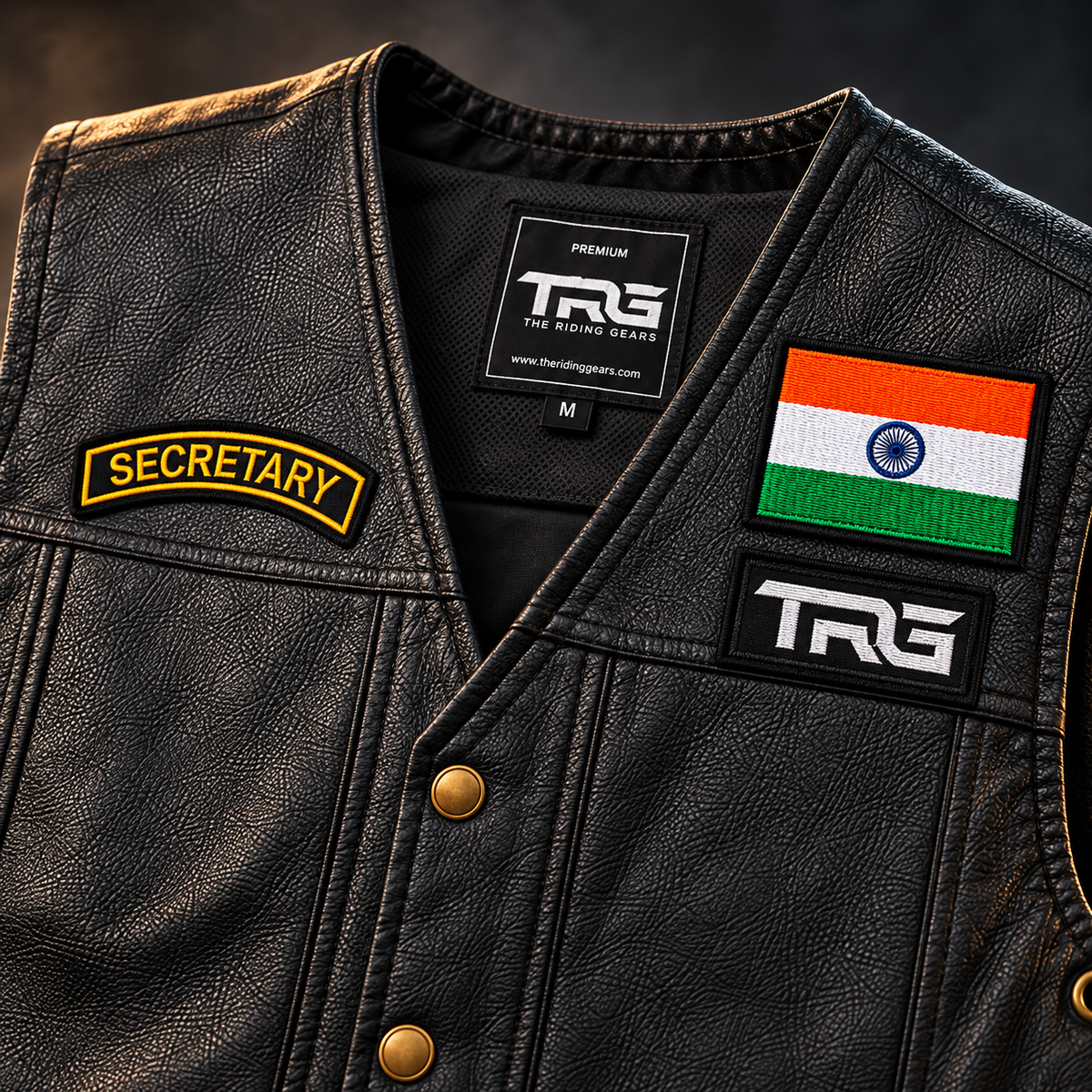 Close-up of Secretary Biker Patch with golden yellow embroidery on premium black leather motorcycle vest