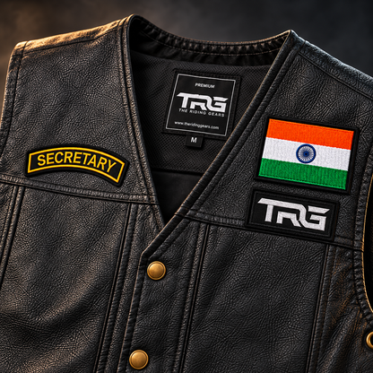 Close-up of Secretary Biker Patch with golden yellow embroidery on premium black leather motorcycle vest
