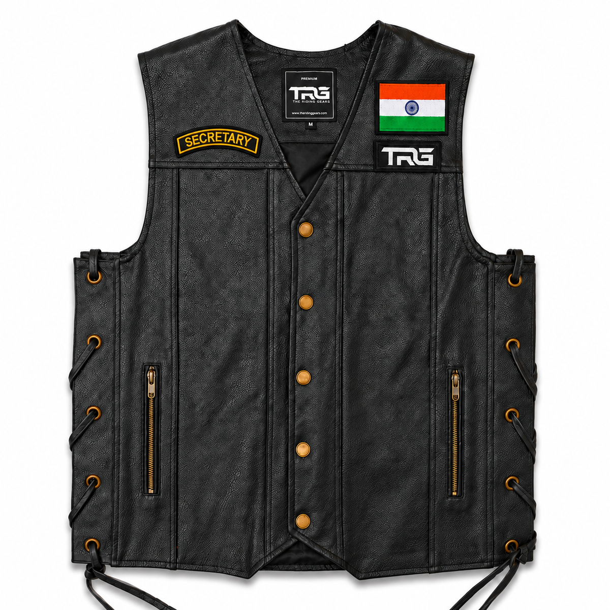 Secretary Biker Patch embroidered on black leather motorcycle vest with Indian flag and TRG patches