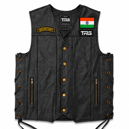 Secretary Biker Patch embroidered on black leather motorcycle vest with Indian flag and TRG patches