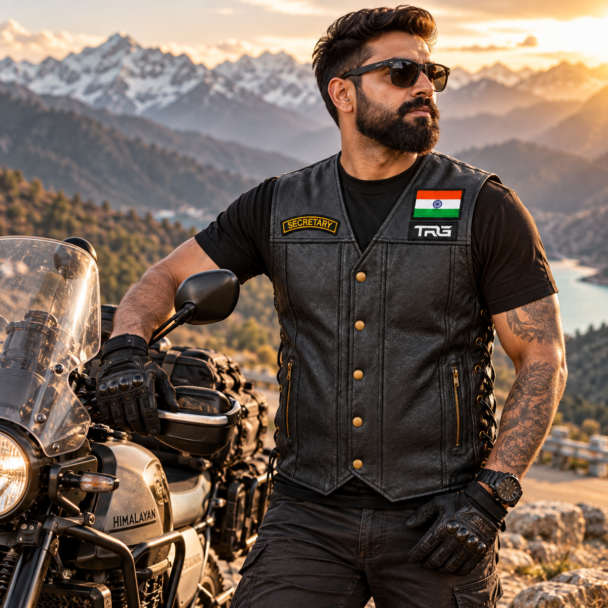 Secretary Biker Patch worn on black leather vest by motorcycle rider beside adventure bike in mountain setting