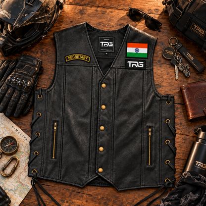 Secretary Biker Patch displayed on black leather riding vest with premium motorcycle riding accessories