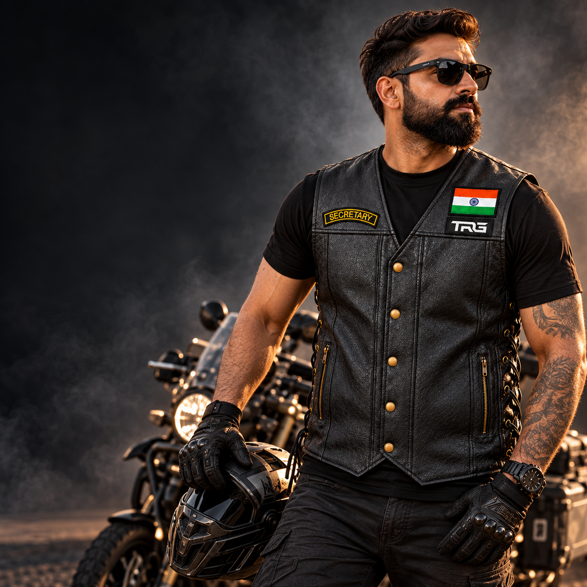 Secretary Biker Patch worn by motorcycle rider on black leather vest in premium studio setting