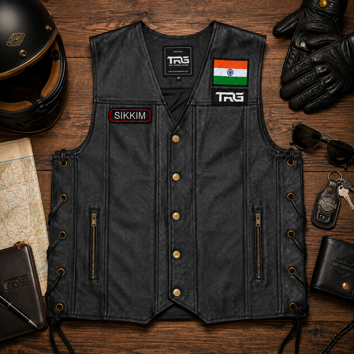 Sikkim Embroidery Patch on TRG leather vest in flat lay with helmet, gloves and riding accessories.