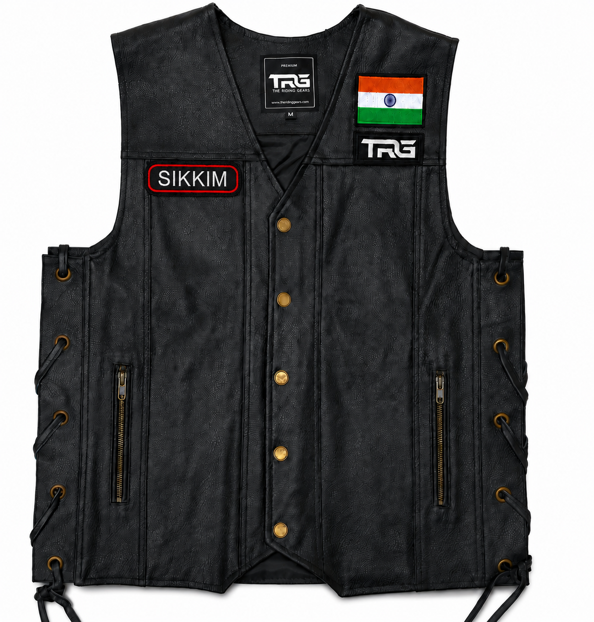 Sikkim Embroidery Patch displayed on TRG black leather riding vest with Indian flag patch on white background.