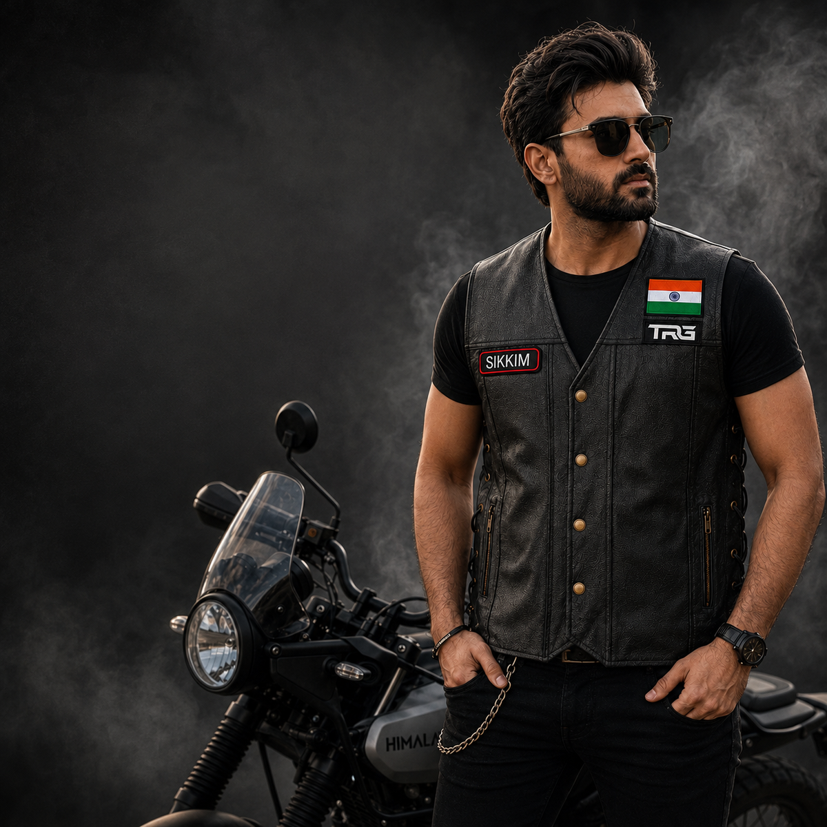 Sikkim Embroidery Patch worn on black leather riding vest by motorcycle rider in professional studio setting.