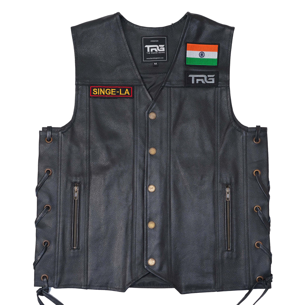 Singe-La biker patch on black leather riding vest with Indian flag and TRG patches on white background