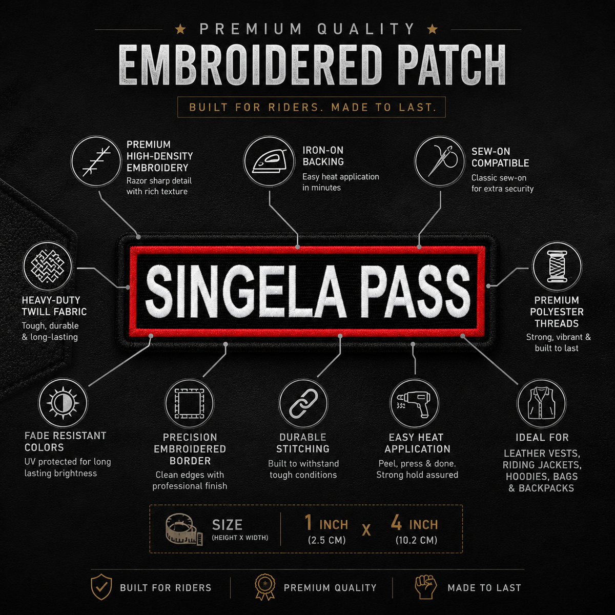 Singela Pass expedition embroidery patch by TRG features infographic showing 1 inch height and 4 inch width