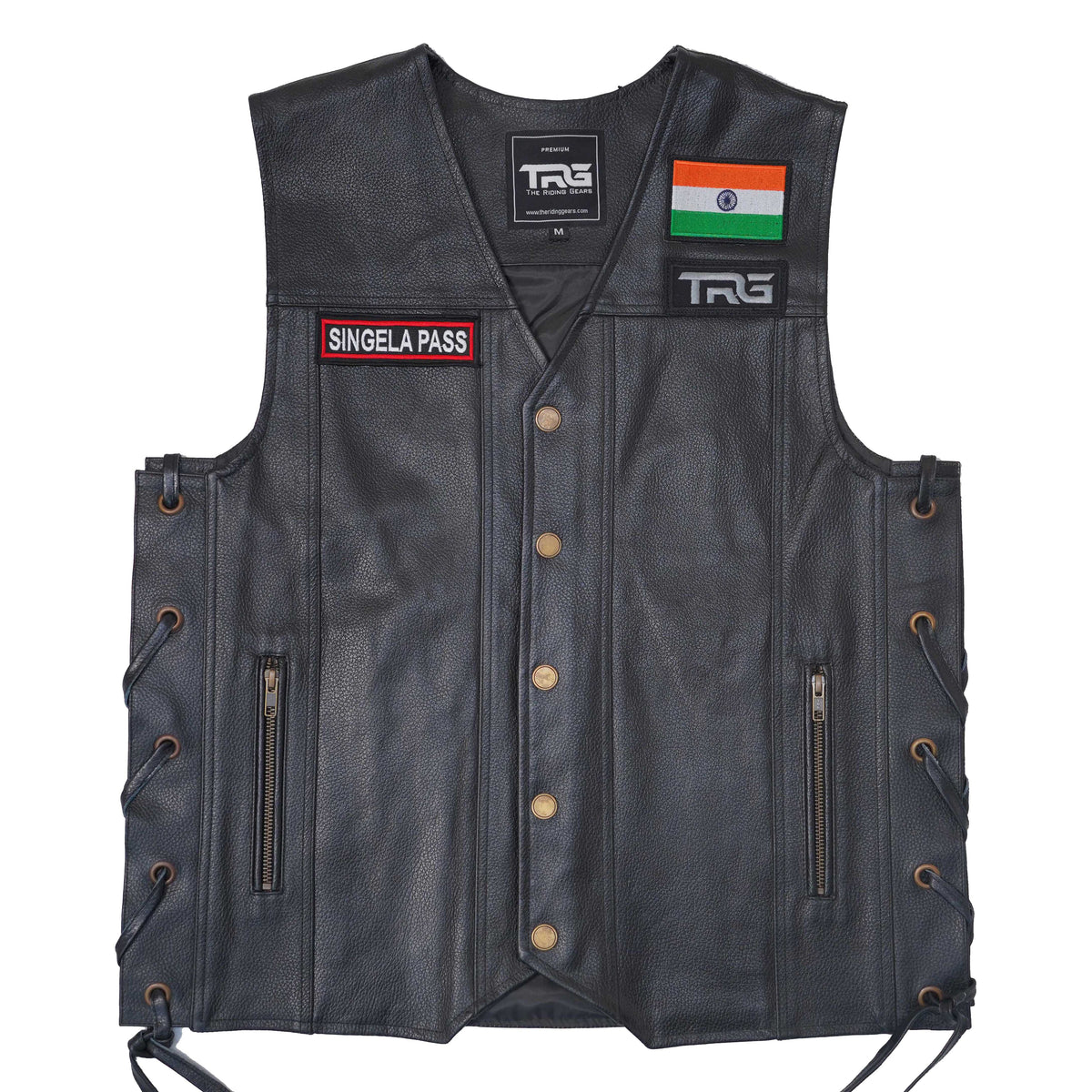 Singela Pass expedition embroidery patch by TRG attached to a black leather riding vest on white background