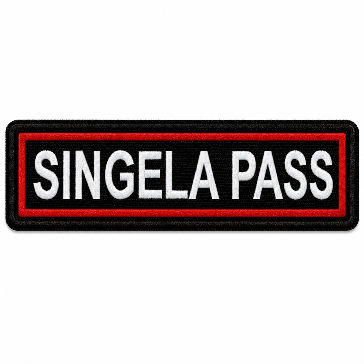 Singela Pass expedition embroidery patch by TRG with white text red border and black background on white backdrop