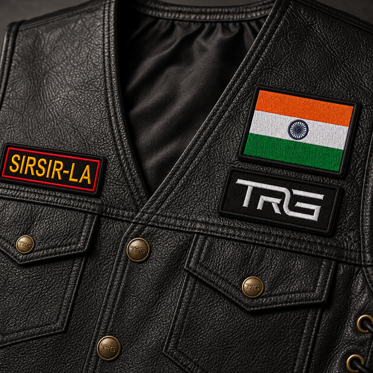 Close-up of Sir Sir La expedition embroidery patch by TRG on a black leather riding vest