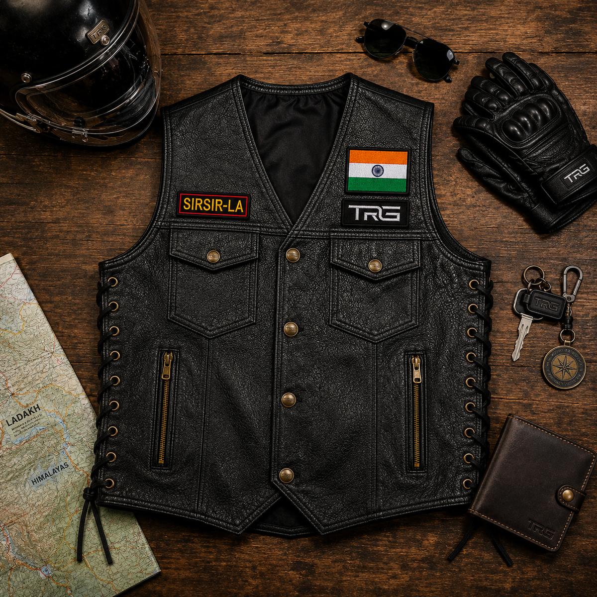 Sir Sir La expedition embroidery patch by TRG displayed on a black riding vest in a travel flat lay setup