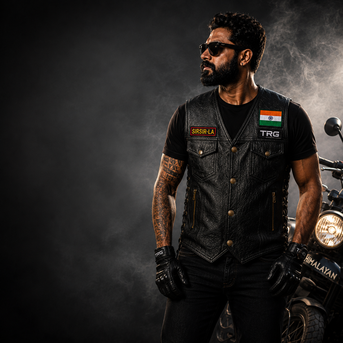 Rider wearing Sir Sir La expedition embroidery patch by TRG on a black riding vest in studio setting