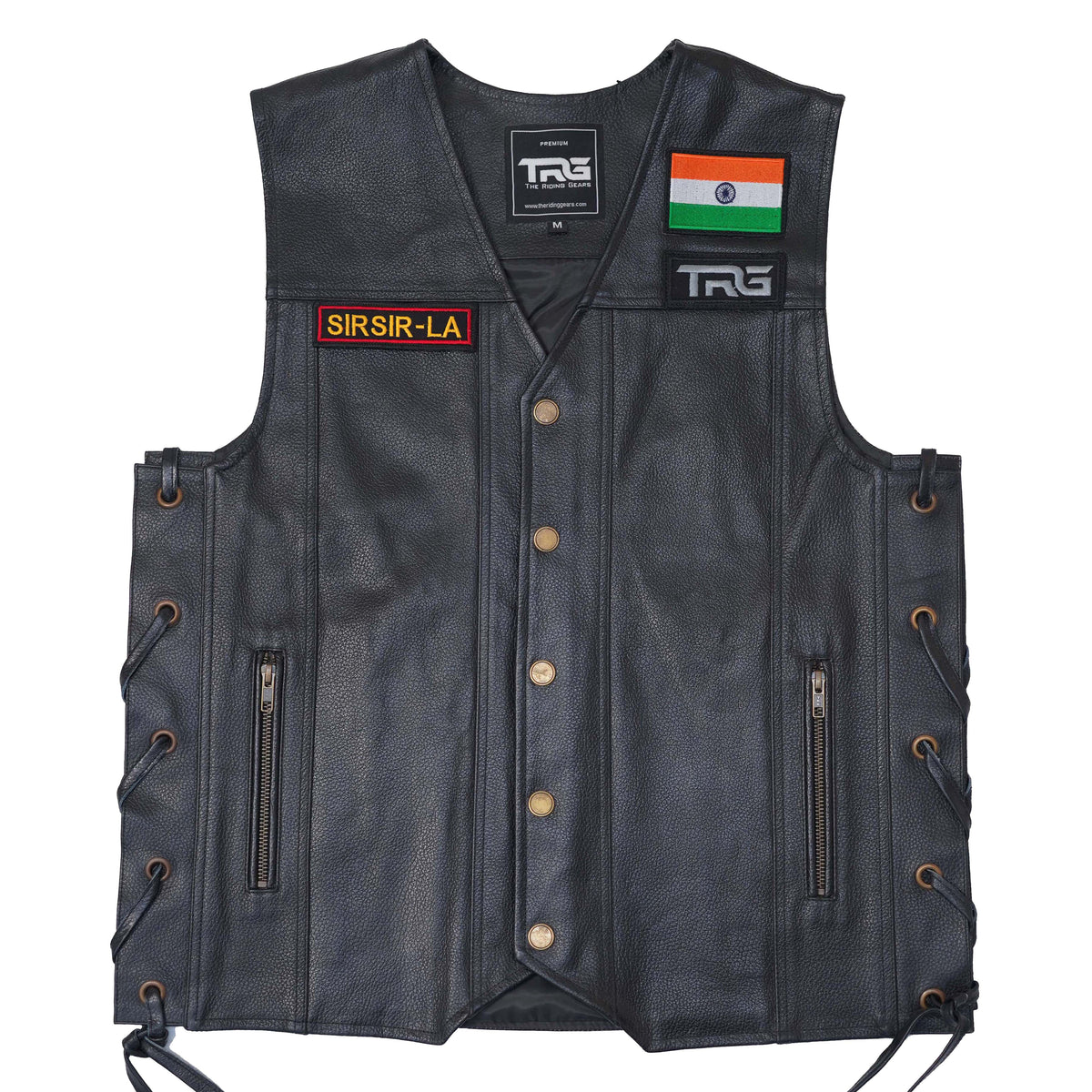 Sir Sir La expedition embroidery patch by TRG attached to a black riding vest on white background
