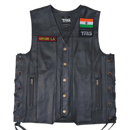 Sir Sir La expedition embroidery patch by TRG attached to a black riding vest on white background