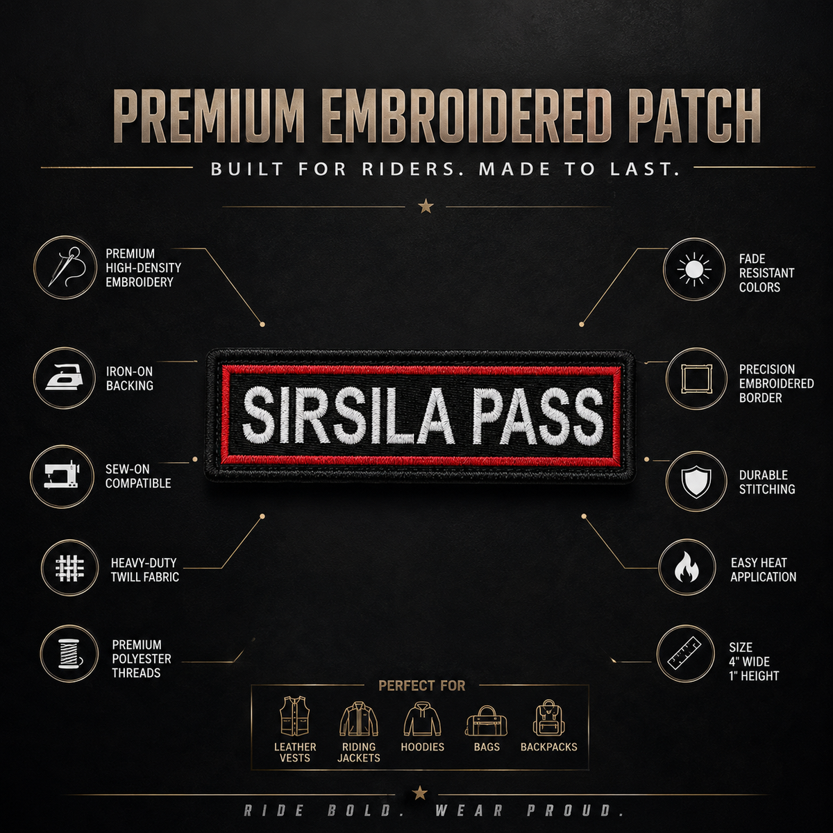 Sirsila Pass embroidery patch by TRG features infographic showing premium embroidery details and size 4 inch wide by 1 inch height