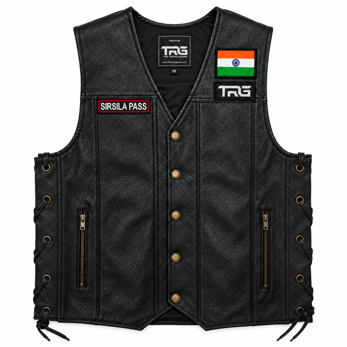 Sirsila Pass embroidery patch by TRG displayed on a black leather riding vest with white background