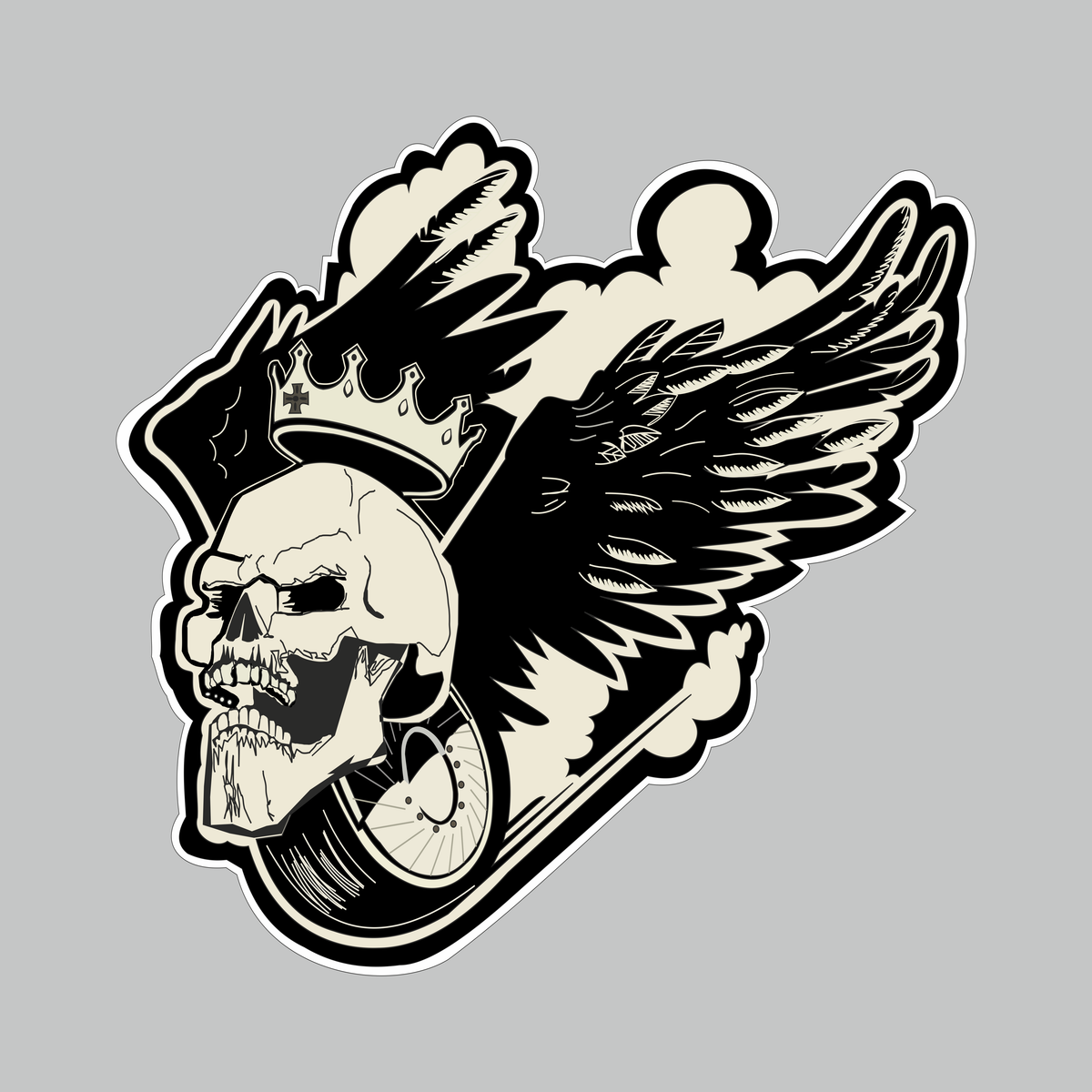 Skeleton wings sticker with crowned skull, black wings and vintage cream artwork with white die-cut border