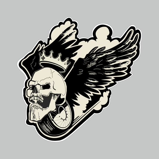Skeleton wings sticker with crowned skull, black wings and vintage cream artwork with white die-cut border